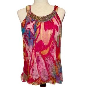 CACHE multicolor sleeveless top blouse with gold accents neck line M